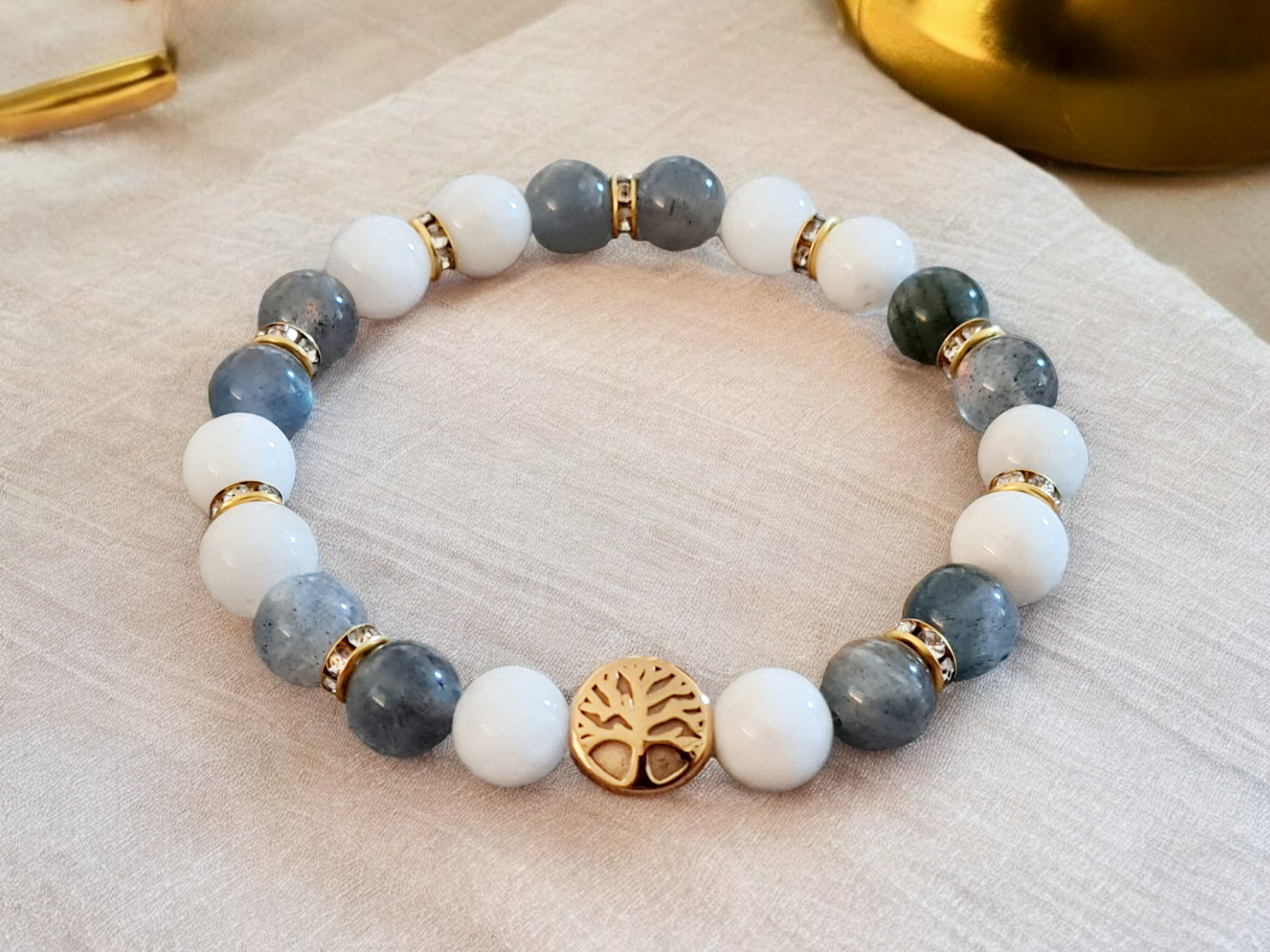 Bracelet En Labradorite Naturelle - Pierres Rondes Grises - Longueur 17-18 Cm - Marque Sissé