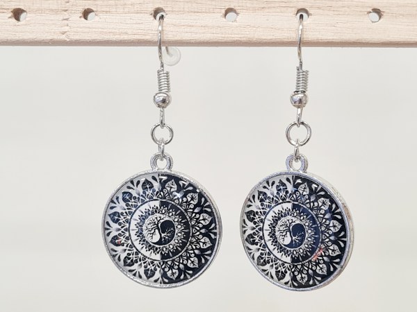 Boucles oreilles arbre de vie yin yang argenté